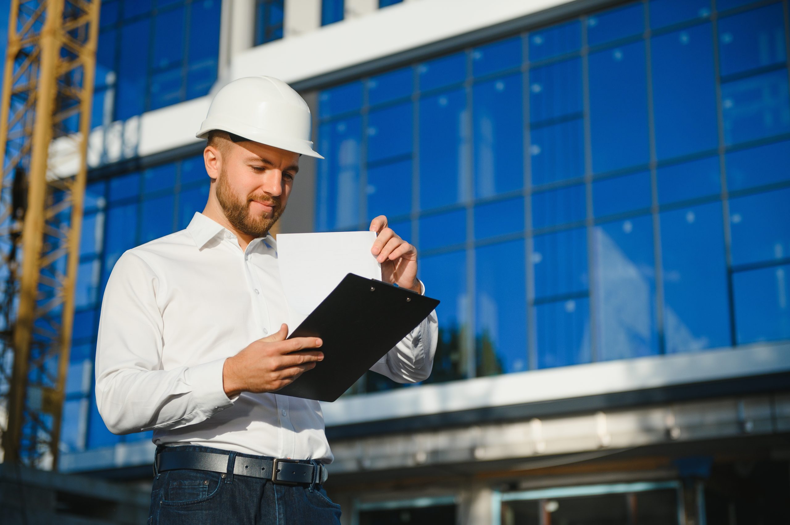 portrait of building inspector with digital tablet on construction site